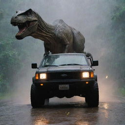 The scheming individual leaving the control room, entering his rugged vehicle, and speeding away across the rain-soaked Jurassic park, leaving behind the sounds of distant screams and roars of the unleashed T-Rex.