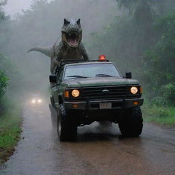 The scheming individual leaving the control room, entering his rugged vehicle, and speeding away across the rain-soaked Jurassic park, leaving behind the sounds of distant screams and roars of the unleashed T-Rex.