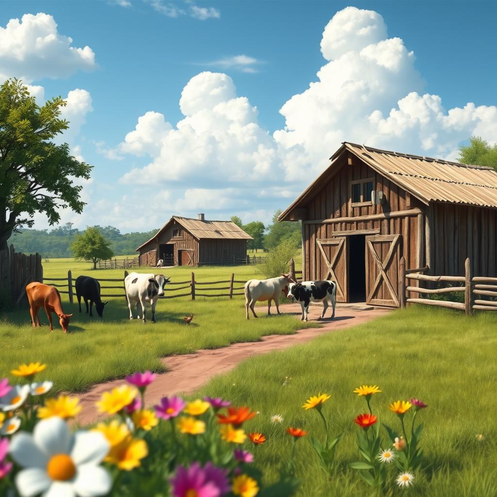 A charming small farm scene, also known as a 'fazendinha', featuring traditional rustic wooden barns, grazing animals such as cows and chickens, a lush green pasture, and a blue sky with fluffy white clouds