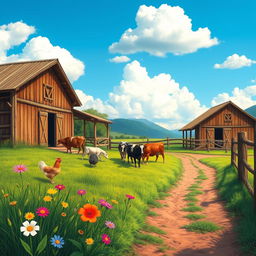 A charming small farm scene, also known as a 'fazendinha', featuring traditional rustic wooden barns, grazing animals such as cows and chickens, a lush green pasture, and a blue sky with fluffy white clouds