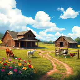 A charming small farm scene, also known as a 'fazendinha', featuring traditional rustic wooden barns, grazing animals such as cows and chickens, a lush green pasture, and a blue sky with fluffy white clouds