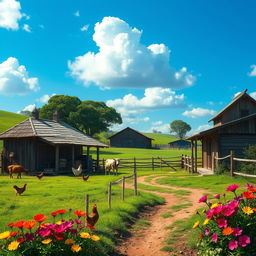 A charming small farm scene, also known as a 'fazendinha', featuring traditional rustic wooden barns, grazing animals such as cows and chickens, a lush green pasture, and a blue sky with fluffy white clouds