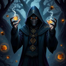 A dark sorcerer with a malevolent expression, wearing an elaborate hooded robe adorned with mystical symbols