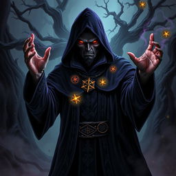 A dark sorcerer with a malevolent expression, wearing an elaborate hooded robe adorned with mystical symbols