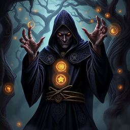 A dark sorcerer with a malevolent expression, wearing an elaborate hooded robe adorned with mystical symbols