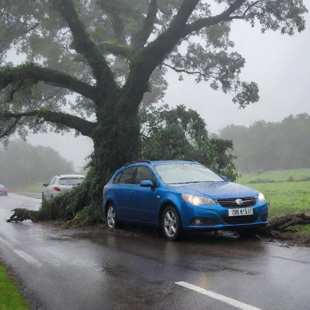 Still driving speedily in the storm, the scheming individual's vehicle suddenly collides with a large tree, the impact causing it to crash and come to an abrupt halt, with the rain mercilessly pouring down.