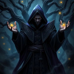 A dark sorcerer with a malevolent expression, wearing an elaborate hooded robe adorned with mystical symbols