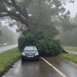 Still driving speedily in the storm, the scheming individual's vehicle suddenly collides with a large tree, the impact causing it to crash and come to an abrupt halt, with the rain mercilessly pouring down.