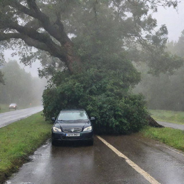 Still driving speedily in the storm, the scheming individual's vehicle suddenly collides with a large tree, the impact causing it to crash and come to an abrupt halt, with the rain mercilessly pouring down.