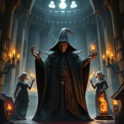 A sinister dark sorcerer residing in an imposing gothic castle, surrounded by loyal elven servants