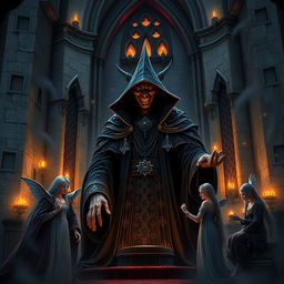 A sinister dark sorcerer residing in an imposing gothic castle, surrounded by loyal elven servants