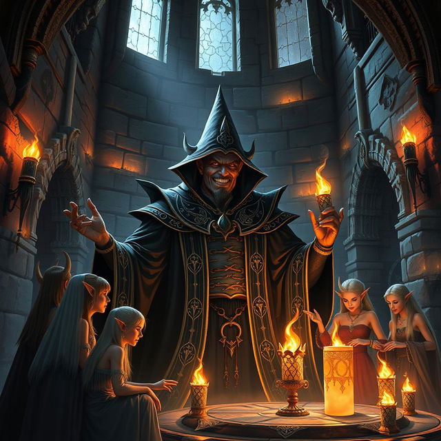 A sinister dark sorcerer residing in an imposing gothic castle, surrounded by loyal elven servants