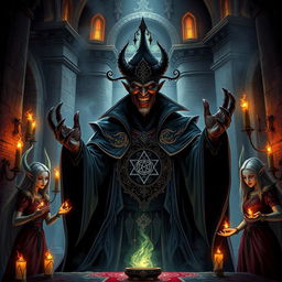 A sinister dark sorcerer residing in an imposing gothic castle, surrounded by loyal elven servants