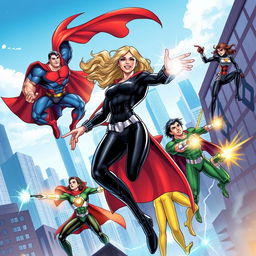 A vibrant and dynamic illustration of several superheroes in action, showcasing their unique powers and costumes