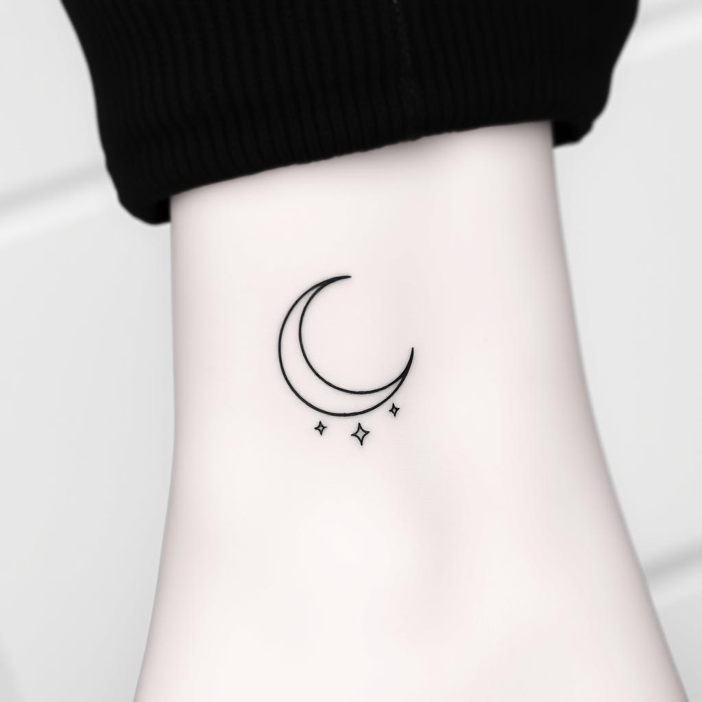 A delicate fine line tattoo design featuring a crescent moon, intricately detailed with thin, elegant lines