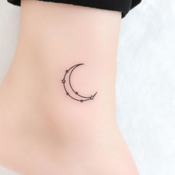 A delicate fine line tattoo design featuring a crescent moon, intricately detailed with thin, elegant lines