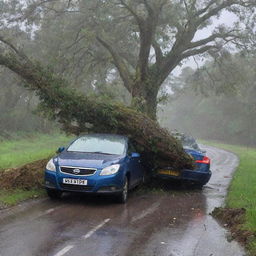 Still driving speedily in the storm, the scheming individual's vehicle suddenly collides with a large tree, the impact causing it to crash and come to an abrupt halt, with the rain mercilessly pouring down.