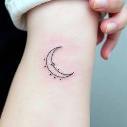 A delicate fine line tattoo design featuring a crescent moon, intricately detailed with thin, elegant lines