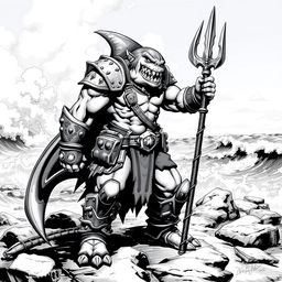 A character concept of Shark-Man in a Dungeons & Dragons style setting, depicted as a fierce humanoid with shark-like features