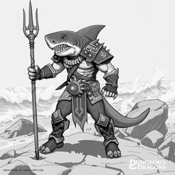 A character concept of Shark-Man in a Dungeons & Dragons style setting, depicted as a fierce humanoid with shark-like features