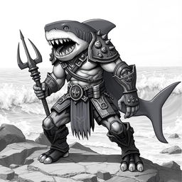 A character concept of Shark-Man in a Dungeons & Dragons style setting, depicted as a fierce humanoid with shark-like features