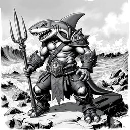 A character concept of Shark-Man in a Dungeons & Dragons style setting, depicted as a fierce humanoid with shark-like features