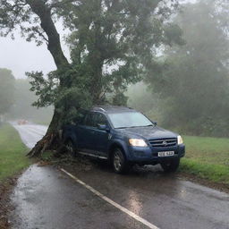 Still driving speedily in the storm, the scheming individual's vehicle suddenly collides with a large tree, the impact causing it to crash and come to an abrupt halt, with the rain mercilessly pouring down.