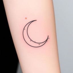 An elegant fine line tattoo of a crescent moon, featuring delicate, intricate details, with a minimalistic style that highlights the gracefulness of the shape