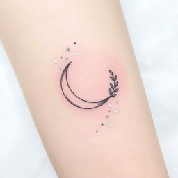 An elegant fine line tattoo of a crescent moon, featuring delicate, intricate details, with a minimalistic style that highlights the gracefulness of the shape