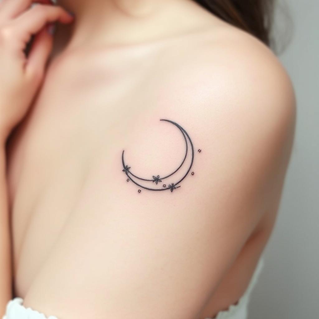 An elegant fine line tattoo of a crescent moon, featuring delicate, intricate details, with a minimalistic style that highlights the gracefulness of the shape