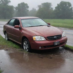 The scheming individual, drenched from the rain, emerges from the wrecked vehicle, venting his frustration and anger at the unexpected turn of events, while the storm continues to rage around him.