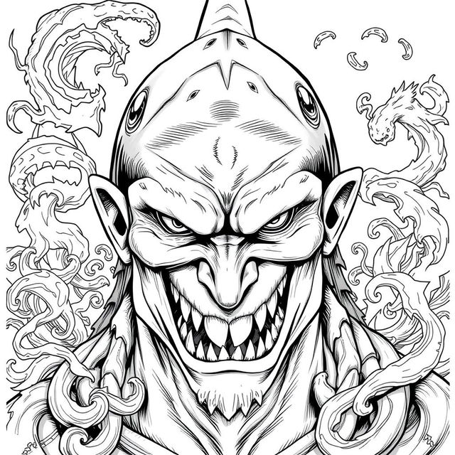 A portrait of Shark-Man in a Dungeons & Dragons style, showcasing a fierce and captivating humanoid with distinct shark-like features