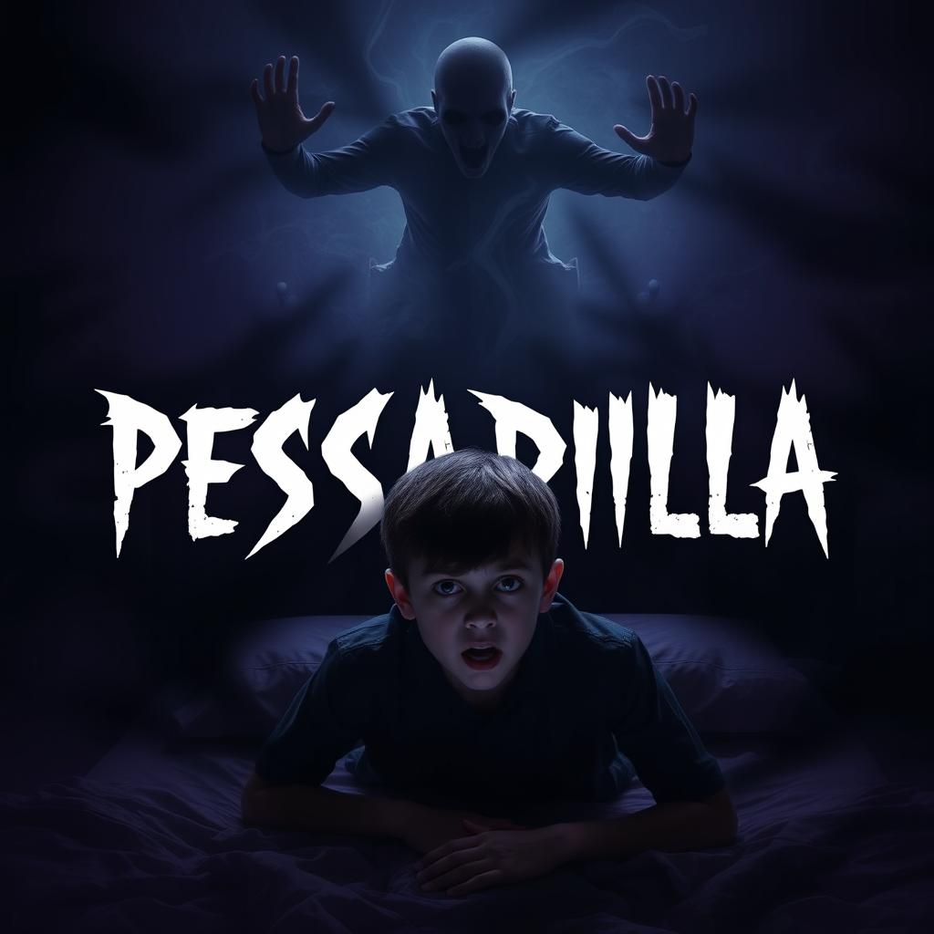 A terrifying poster for a horror documentary titled 'PESADILLA', focusing on the inner struggle of a boy dealing with sleep paralysis