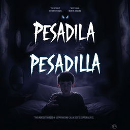 A terrifying poster for a horror documentary titled 'PESADILLA', focusing on the inner struggle of a boy dealing with sleep paralysis