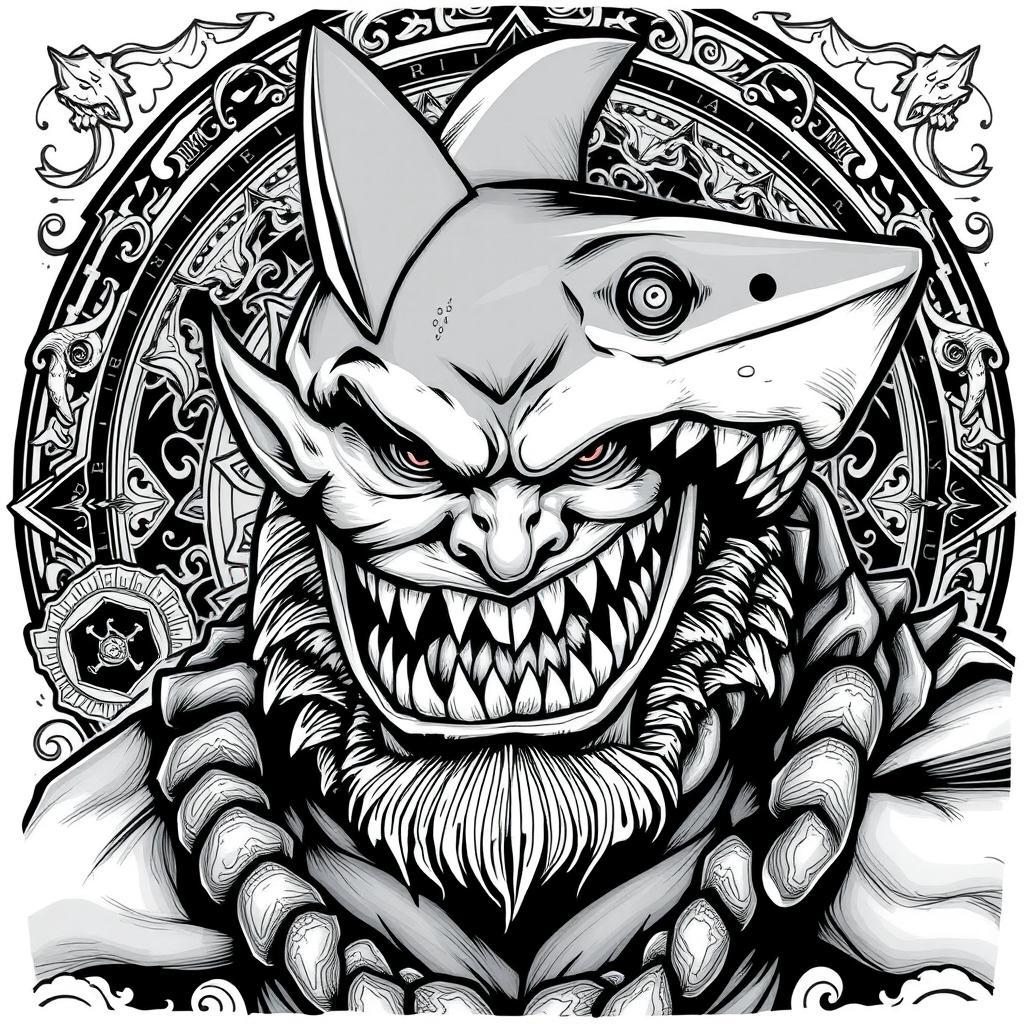 A portrait of Shark-Man in a Dungeons & Dragons style, featuring a powerful humanoid with exaggerated shark-like traits