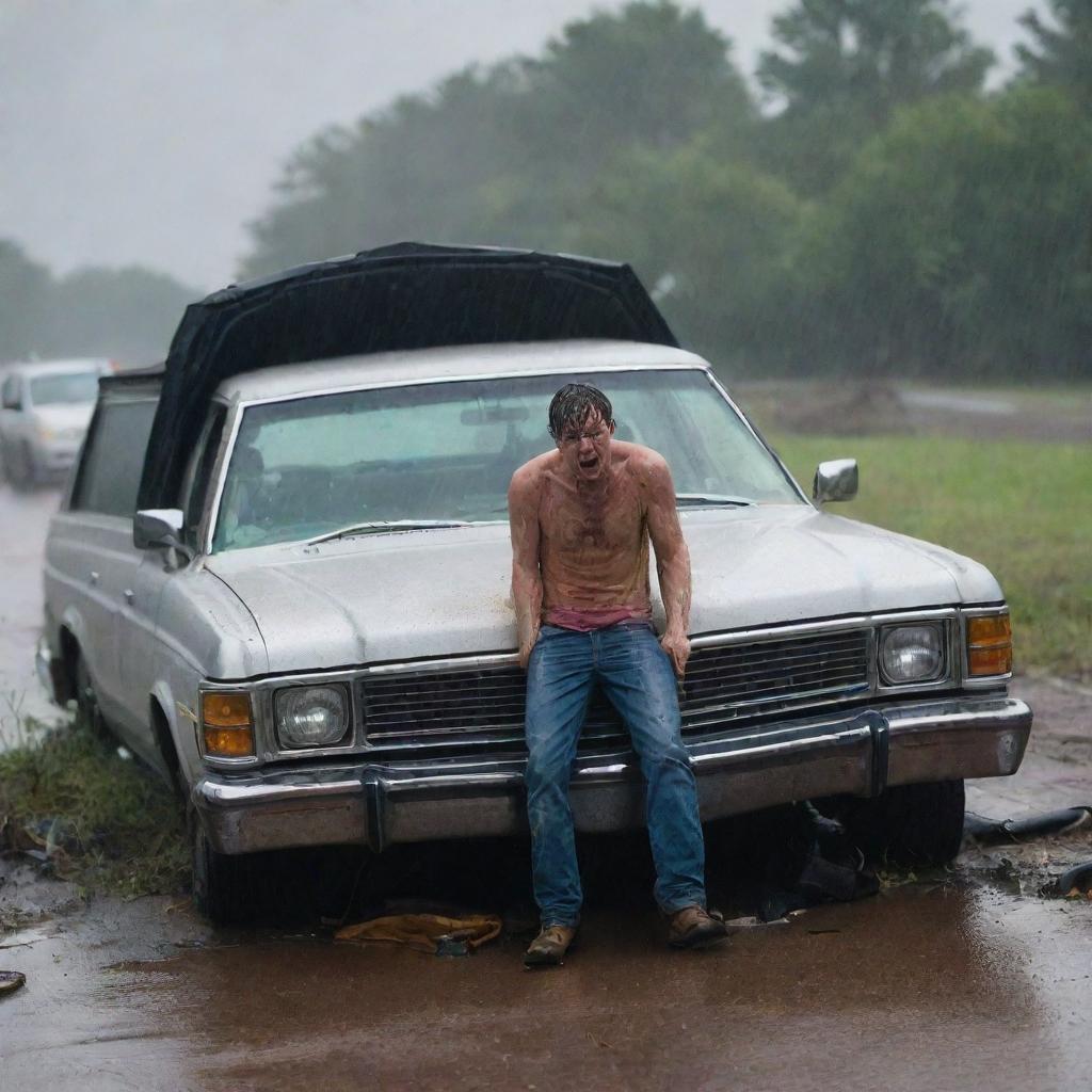 The scheming individual, drenched from the rain, emerges from the wrecked vehicle, venting his frustration and anger at the unexpected turn of events, while the storm continues to rage around him.