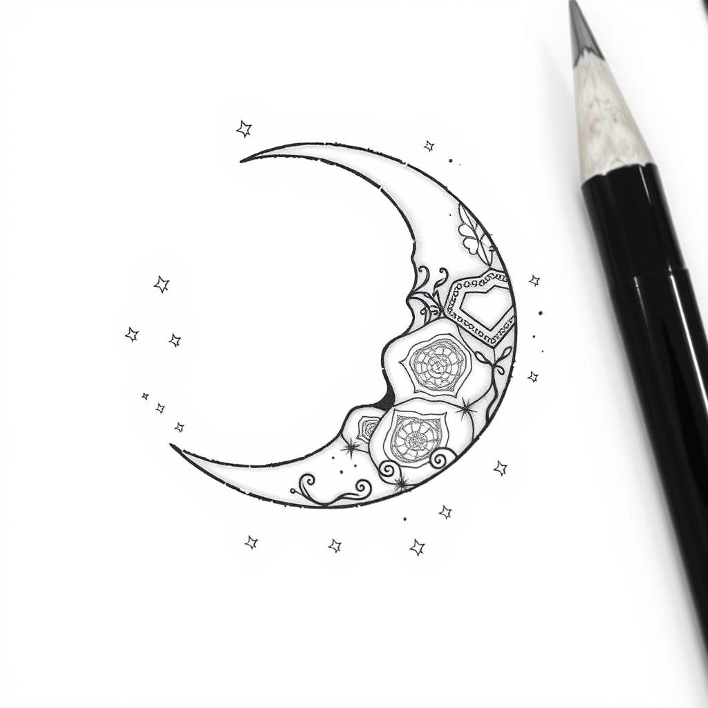 A fine line tattoo design featuring a beautifully detailed crescent moon