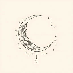 A fine line tattoo design featuring a beautifully detailed crescent moon