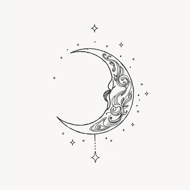 A fine line tattoo design featuring a beautifully detailed crescent moon