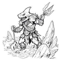 A black and white sketch of Shark-Man in a Dungeons & Dragons style, depicting a fierce humanoid creature with prominent shark features