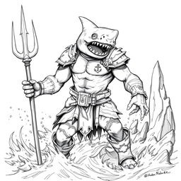 A black and white sketch of Shark-Man in a Dungeons & Dragons style, depicting a fierce humanoid creature with prominent shark features