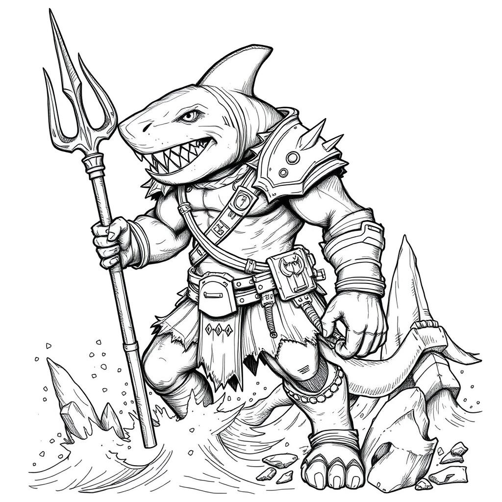 A black and white sketch of Shark-Man in a Dungeons & Dragons style, depicting a fierce humanoid creature with prominent shark features