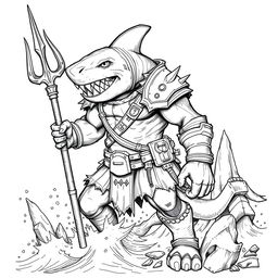 A black and white sketch of Shark-Man in a Dungeons & Dragons style, depicting a fierce humanoid creature with prominent shark features