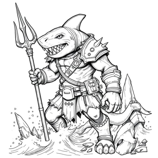 A black and white sketch of Shark-Man in a Dungeons & Dragons style, depicting a fierce humanoid creature with prominent shark features