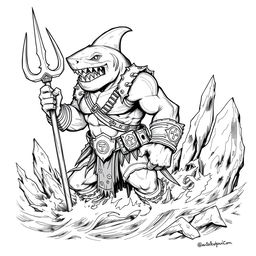 A black and white sketch of Shark-Man in a Dungeons & Dragons style, depicting a fierce humanoid creature with prominent shark features