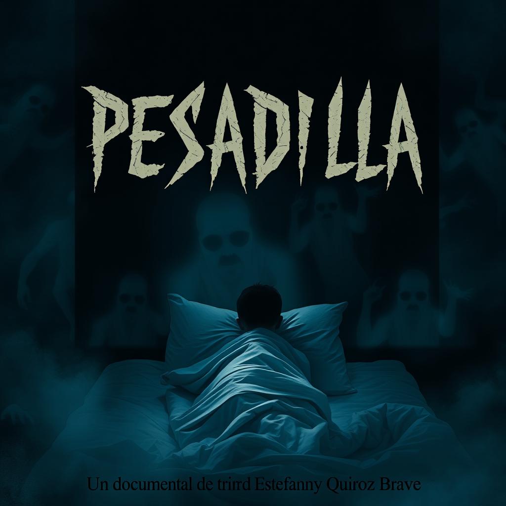 A chilling poster for a horror documentary titled 'PESADILLA', exploring the internal struggle of a boy facing sleep paralysis