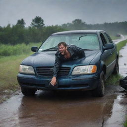 The scheming individual, drenched from the rain, emerges from the wrecked vehicle, venting his frustration and anger at the unexpected turn of events, while the storm continues to rage around him.