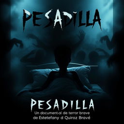 A chilling poster for a horror documentary titled 'PESADILLA', exploring the internal struggle of a boy facing sleep paralysis