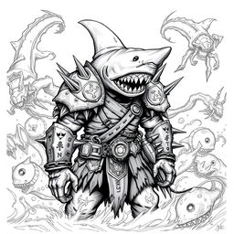 A dark-themed black and white sketch of Shark-Man in a Dungeons & Dragons style, presenting a menacing and formidable humanoid with distinct shark features