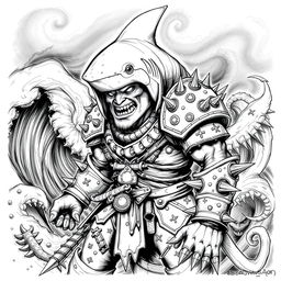 A dark-themed black and white sketch of Shark-Man in a Dungeons & Dragons style, presenting a menacing and formidable humanoid with distinct shark features